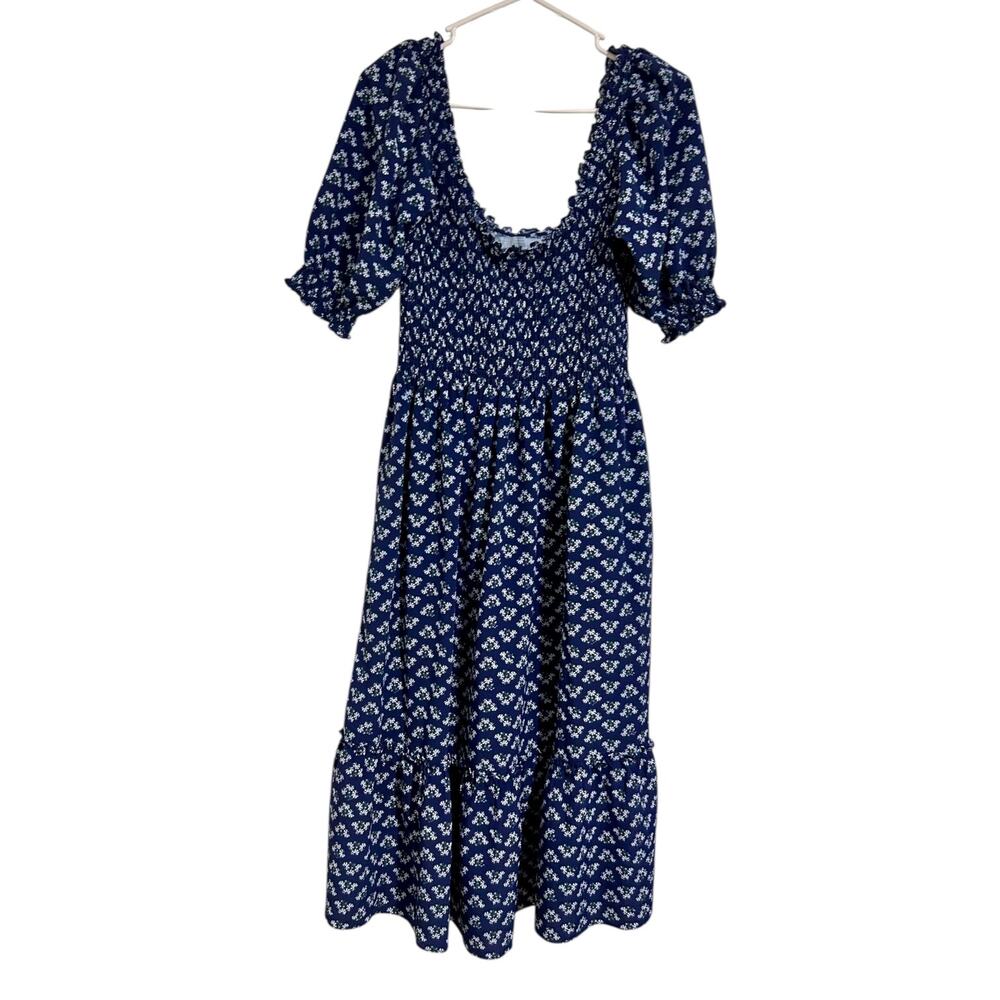 Hill House Home Louisa Nap Dress Navy Posy Blue Floral Puff Sleeve Midi Small - Picture 2 of 4